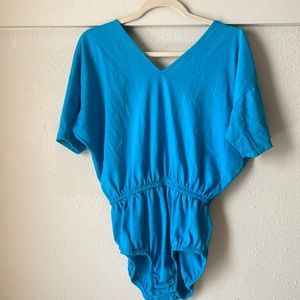 Vintage blue deep v bodysuit with snap crotch and cinched waistband!